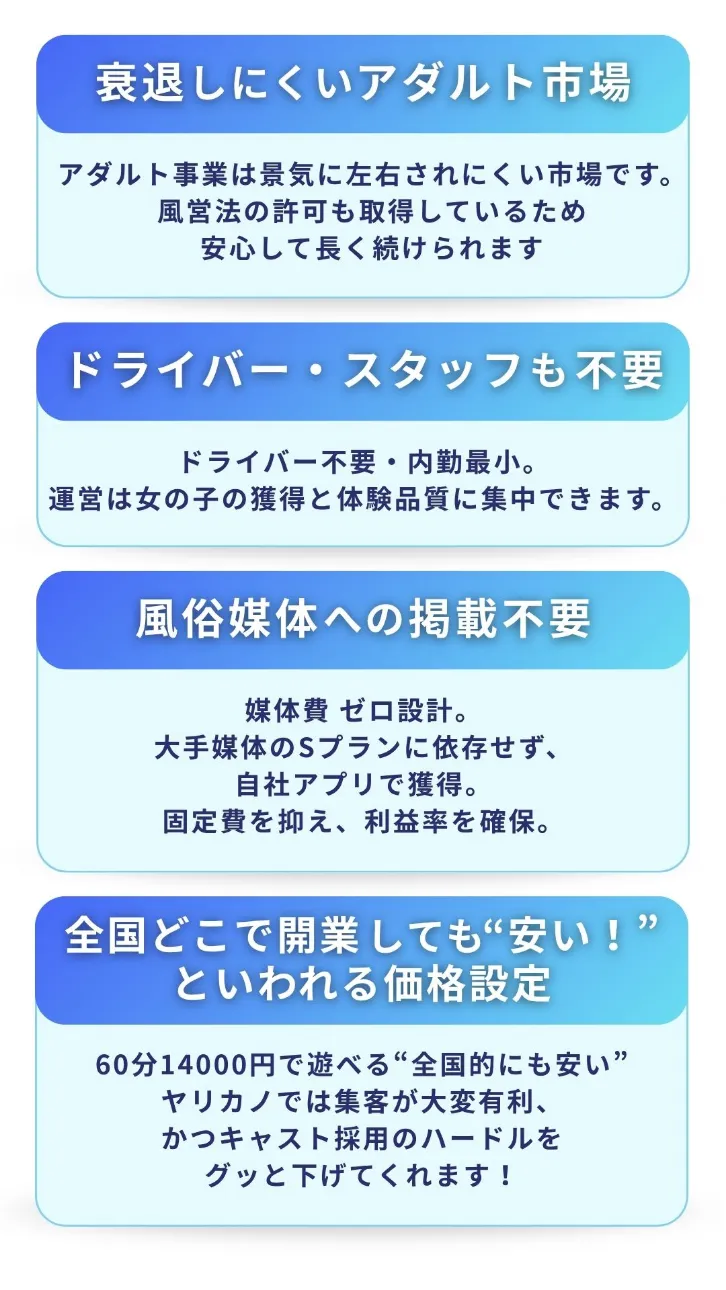 衰退しにくいアダルト市場 ドライバー・スタッフも不要 風俗媒体への掲載不要